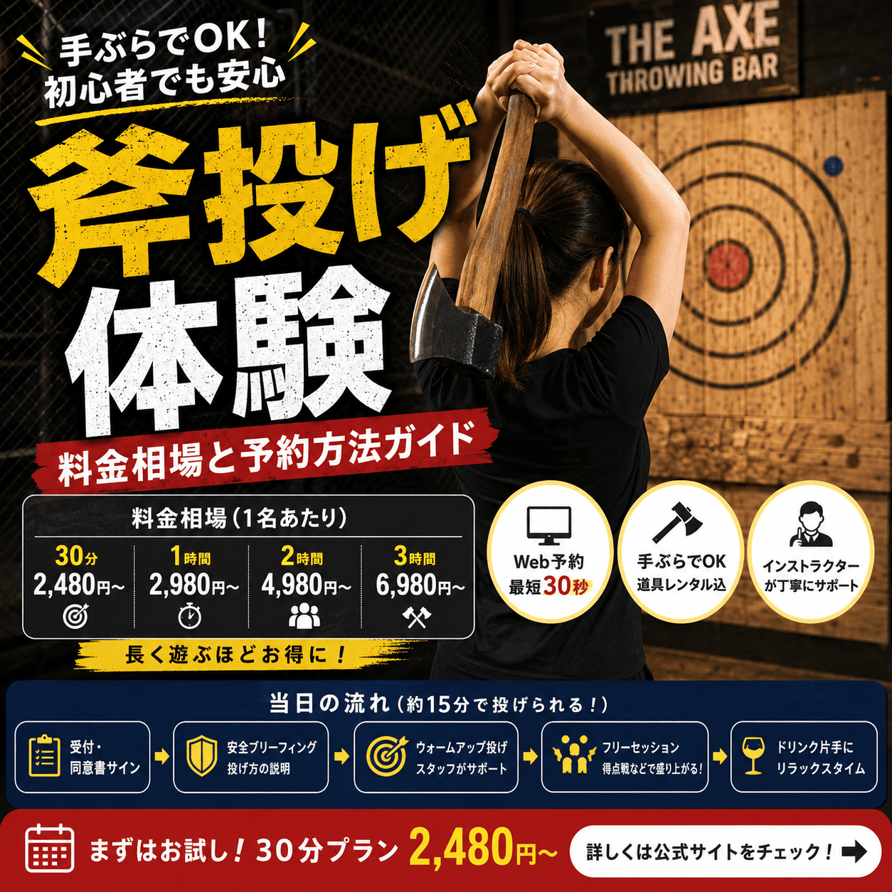 斧投げ体験の料金相場は30分2,480円〜|予約方法と当日の流れ