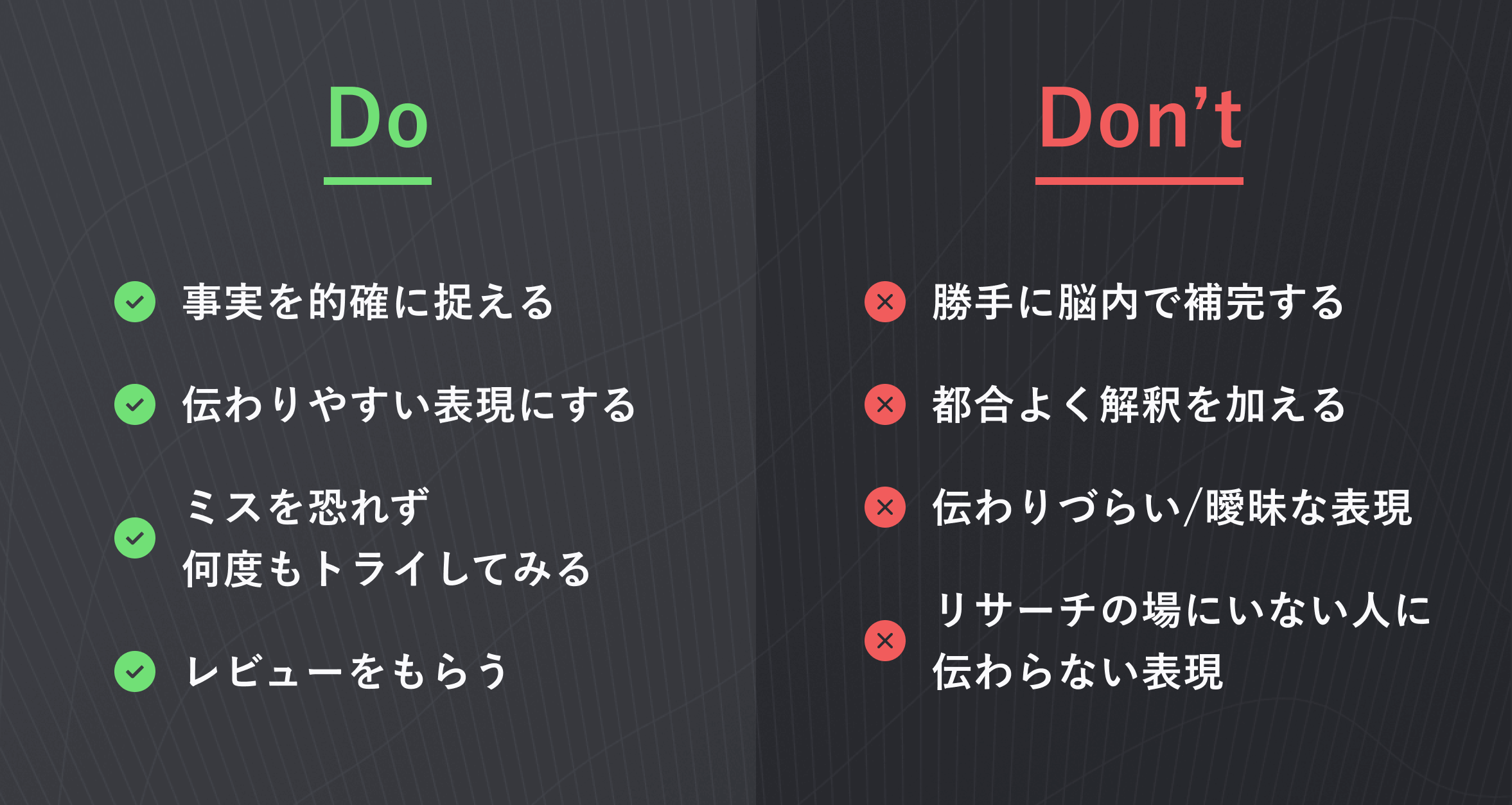 左右にDo、Dont'sとそれぞれ書かれている。Doには、「事実を的確に捉える」「伝わりやすい表現にする」「ミスを恐れず何度もトライしてみる」「レビューをもらう」と記載されている。Don'tには、「勝手に脳内で補完する」「都合よく解釈を加える」「伝わりづらい / 曖昧な表現」「リサーチの場にいない人に伝わらない表現」と記載されている。