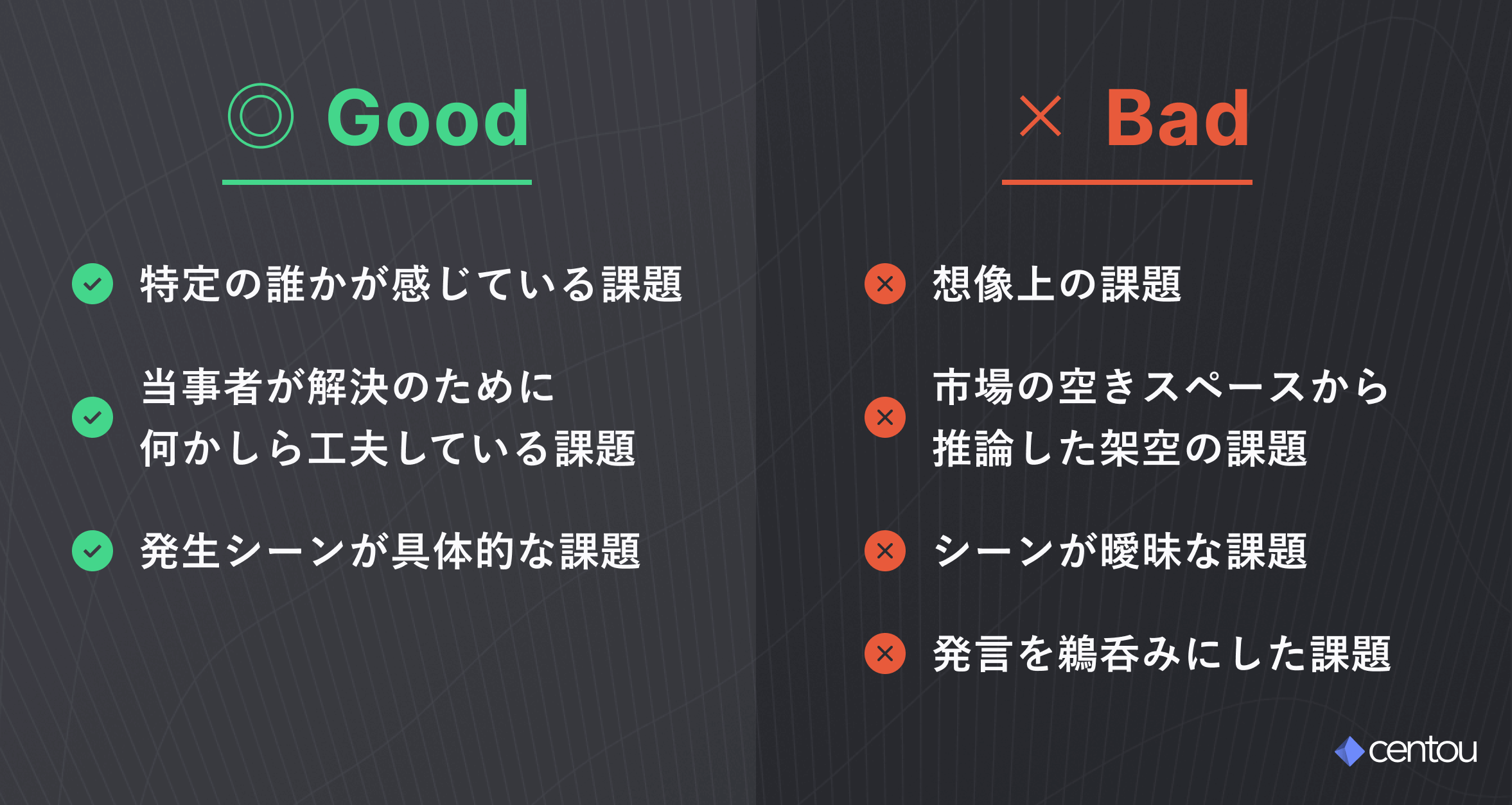 Good : 特定の誰かが感じている課題・当事者が解決のために 何かしら工夫している課題・発生シーンが具体的な課題   /   Bad : 想像上の課題・市場の空きスペースから 推論した架空の課題・シーンが曖昧な課題・発言を鵜呑みにした課題