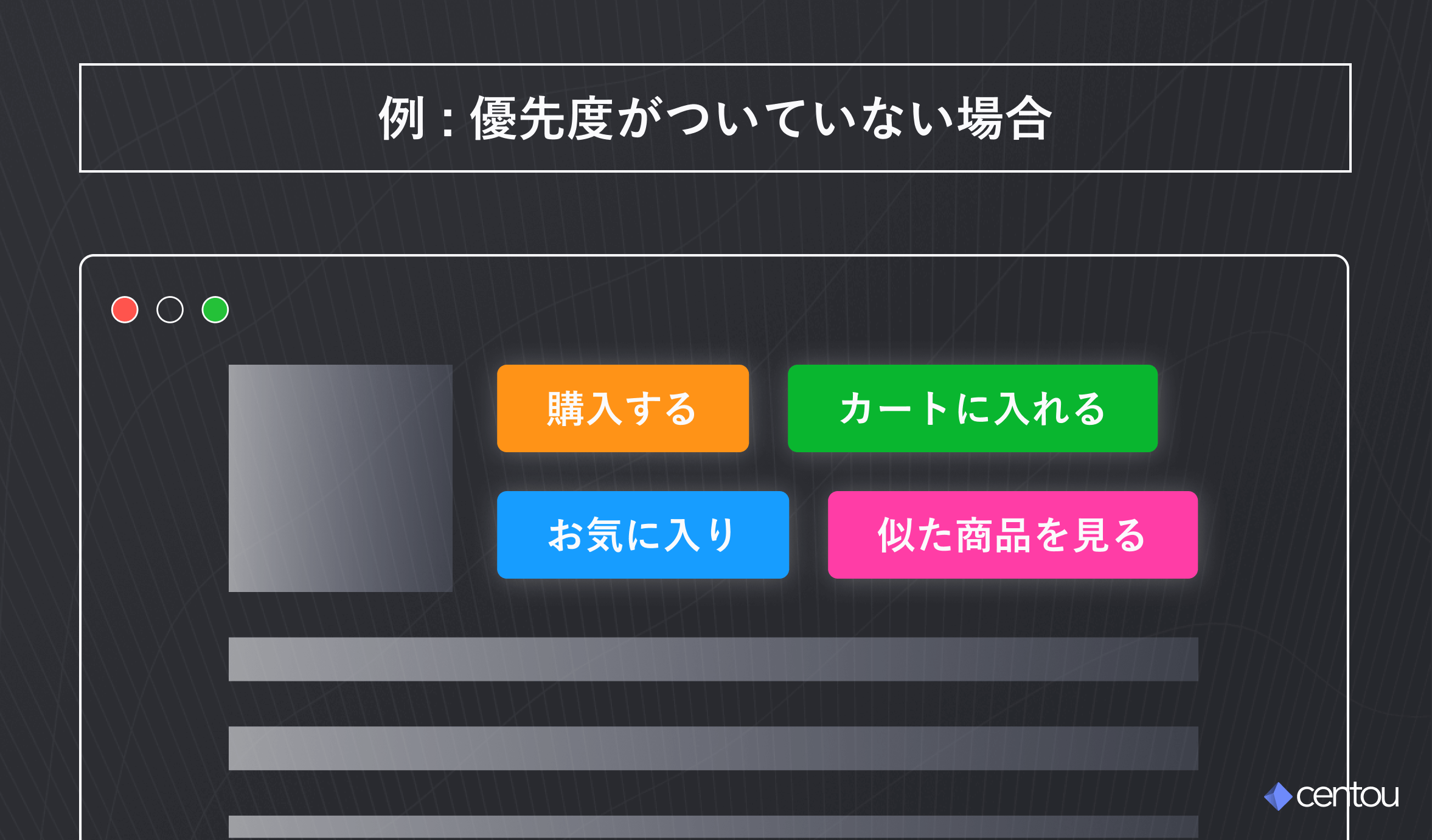 オレンジや緑、水色、ピンクのprimaryボタンが同じ画面に並べられている。それぞれに購入する、カートに入れる、お気に入り、似た商品を見るなどのラベルが記載されている