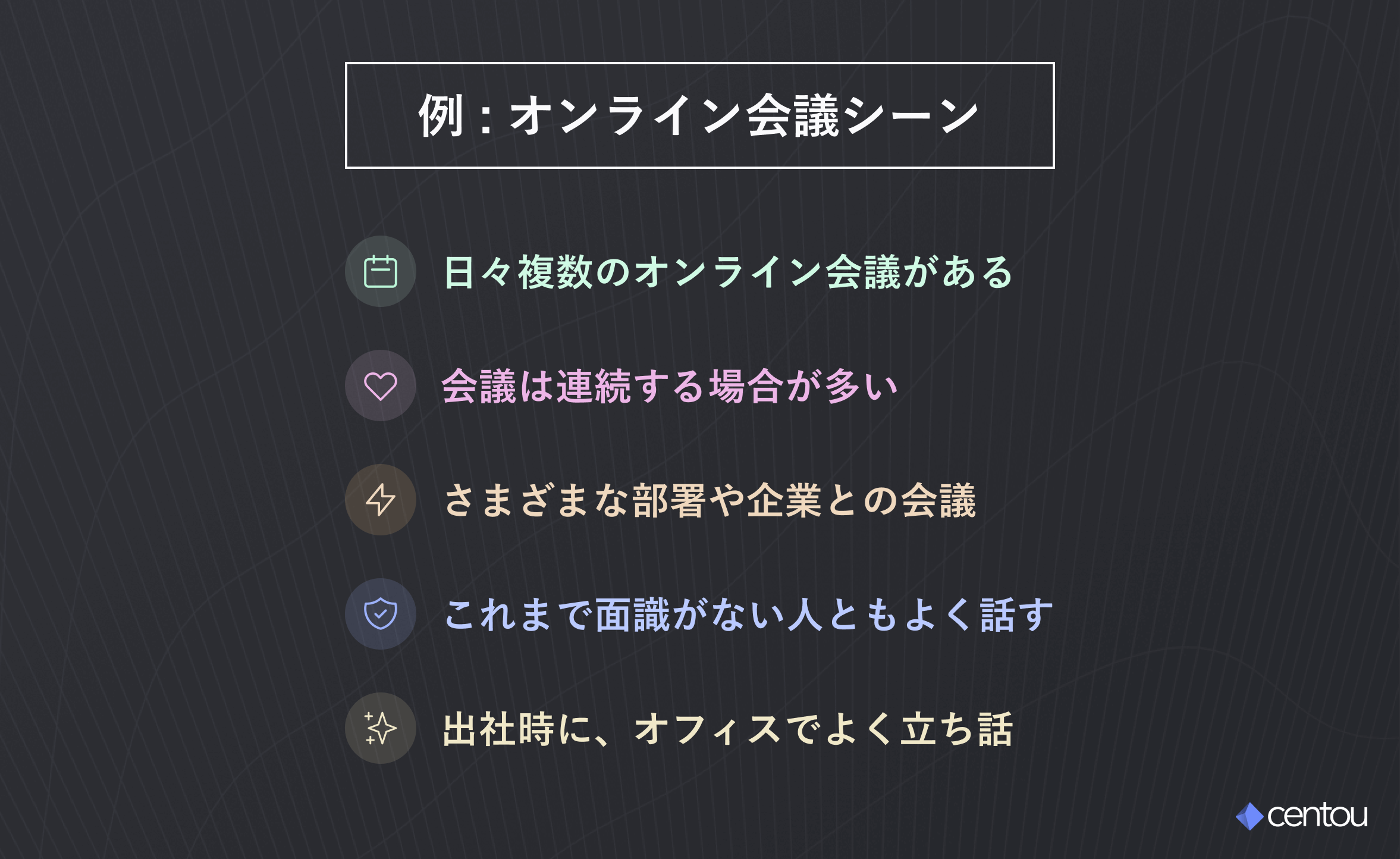 1. 日々複数のオンライン会議がある 2. 会議は連続する場合が多い 3. さまざまな部署や企業との会議 4. これまで面識がない人ともよく話す 5. 出社時に、オフィスでよく立ち話