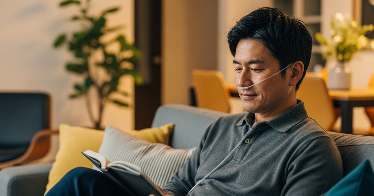 自宅でソファに座りながらリラックスして、読書と水素吸入をしている中年の日本人男性