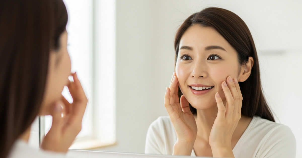 鏡で自身の顔を見て綺麗になったことを実感している日本人女性