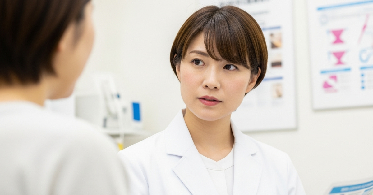 水素吸入の副作用について患者に説明している日本人女性医師