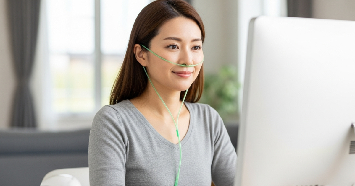 パソコン作業をしながら水素吸入をしている日本人女性