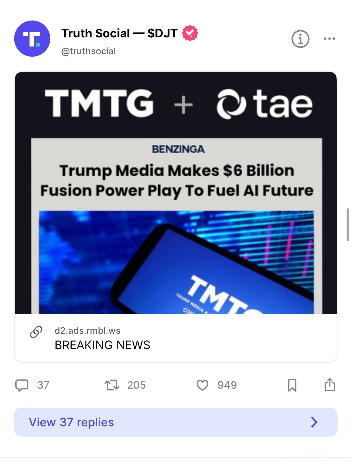 Truth Social公式アカウントが、Trump Media & Technology GroupとTAE Technologiesの合併に関するニュース記事を共有している投稿のスクリーンショット