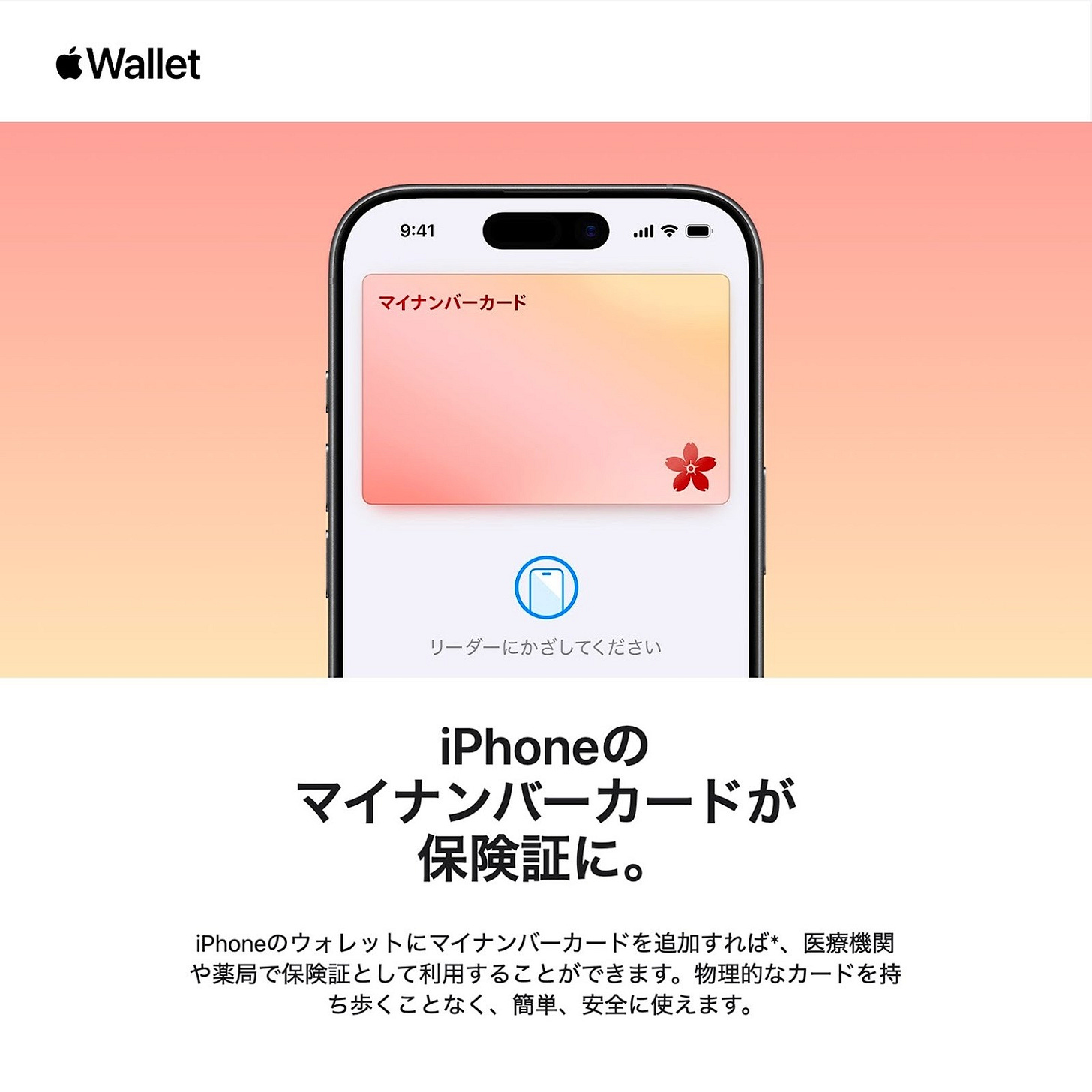 Apple Walletの案内画面。iPhoneのウォレットにマイナンバーカードを追加して保険証として使えることを説明し、iPhone画面に『マイナンバーカード』『リーダーにかざしてください』が表示されている。