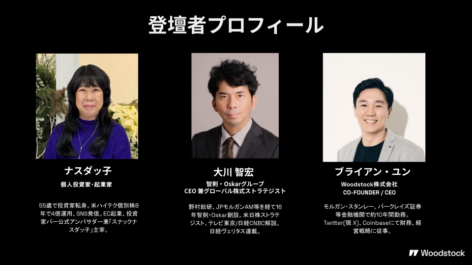 Woodstockイベントの登壇者プロフィール紹介スライド。ナスダック、大川智宏、ブライアン・ユンの顔写真と経歴を掲載。