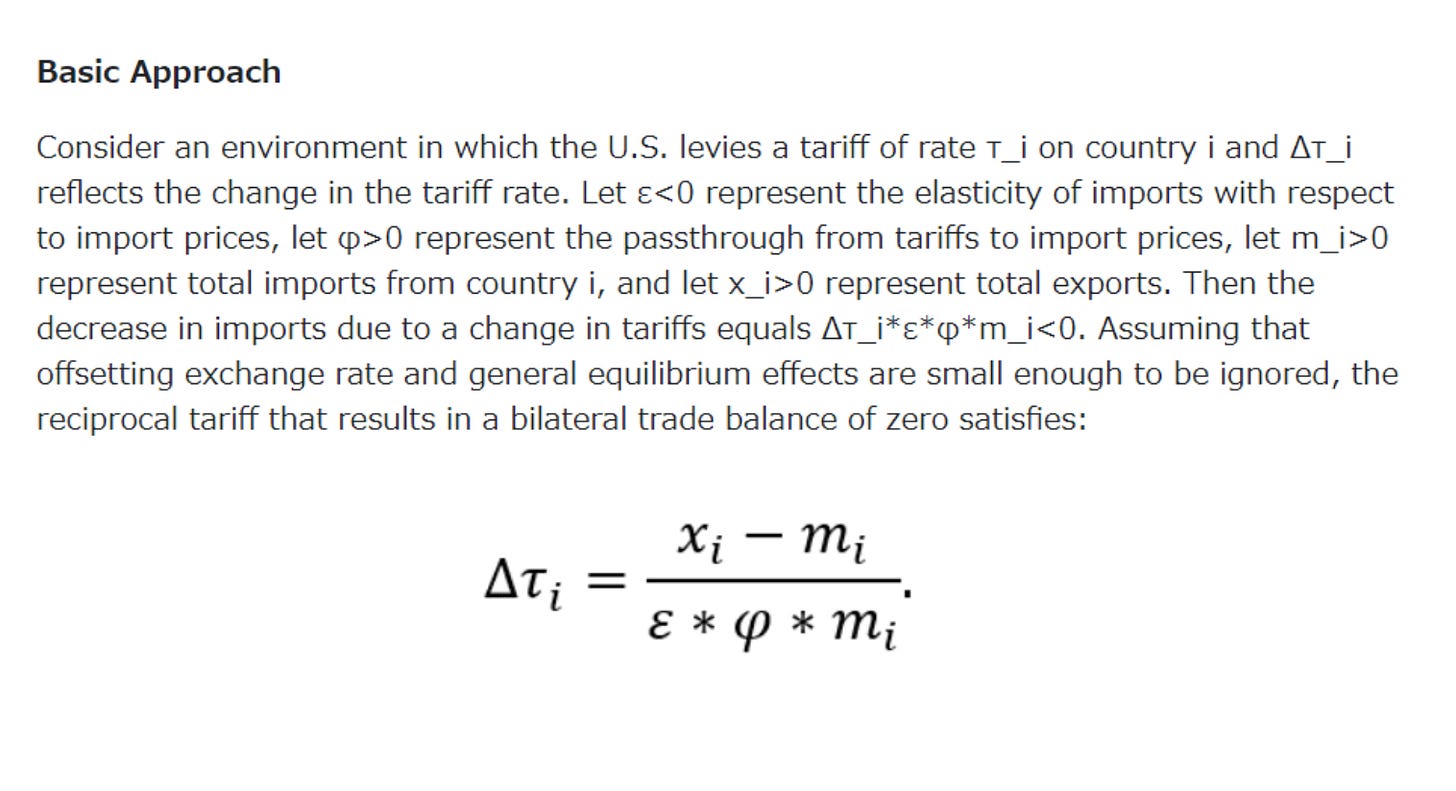 アメリカの貿易における数式記号と定義一覧。輸出入金額（xi, mi）、関税弾力性（ε）、価格転嫁率（φ）、関税率の調整幅（Δτi）についての説明が日本語で記載されている。