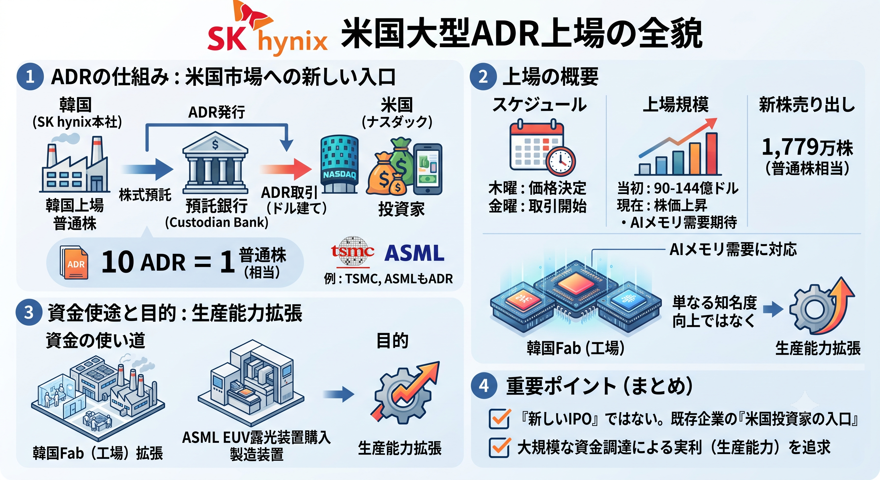 インフォグラフィック：SK hynix 米国大型ADR上場の全貌。ADRの仕組み、上場スケジュール、資金使途（生産能力拡張）、重要ポイントを解説。