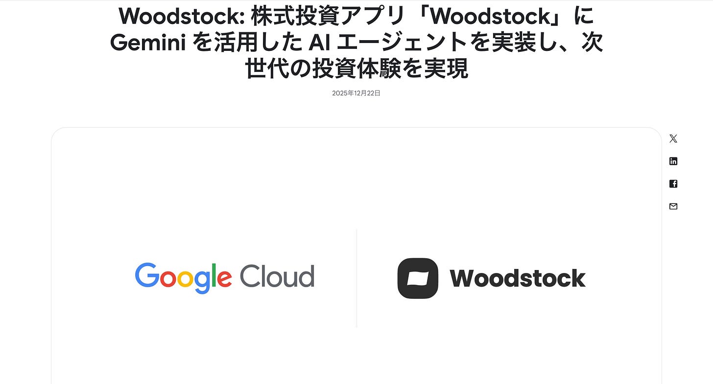 Google Cloud公式ブログに掲載された、株式投資アプリ「Woodstock」がGeminiを活用したAIエージェントを実装した事例紹介ページのスクリーンショット