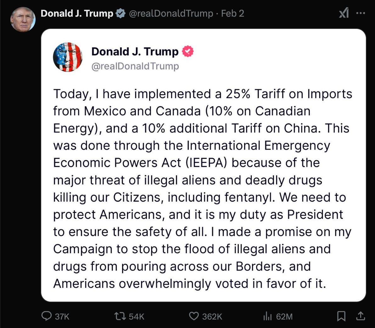 ドナルド・トランプ氏の関税導入に関する公式ツイート (2025年2月2日)