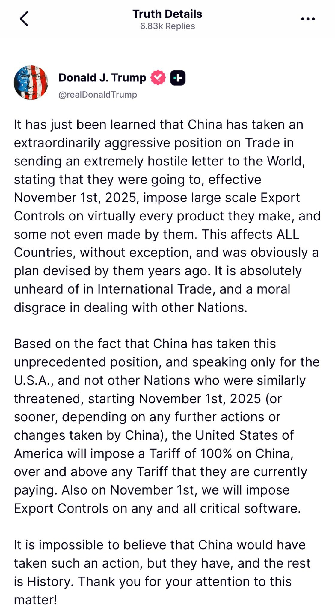 トランプ前大統領が中国の貿易政策に対して強い姿勢を示す投稿。2025年11月1日から100％関税を課す内容