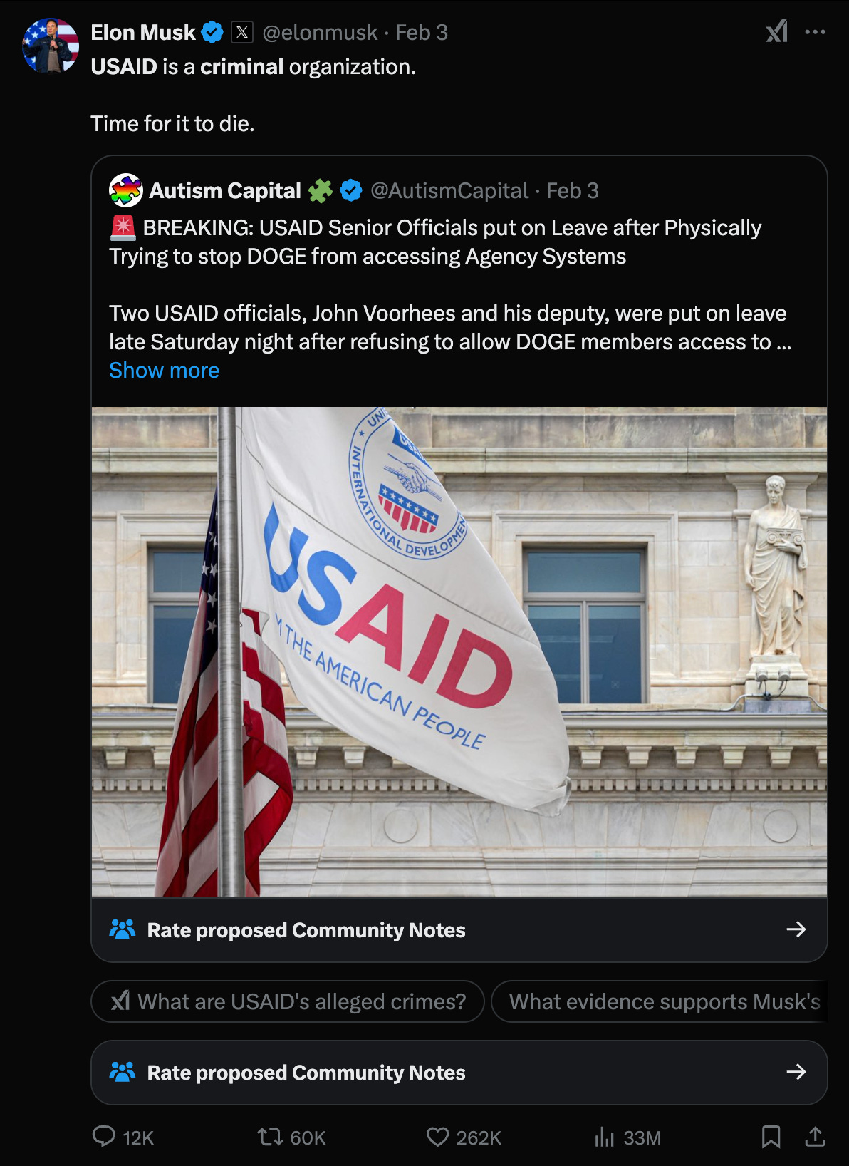 イーロン・マスクがX（旧Twitter）で『USAID is a criminal organization. Time for it to die.』と投稿したツイートのスクリーンショット。USAIDの旗の画像とともに、Autism Capitalの投稿が引用されている。