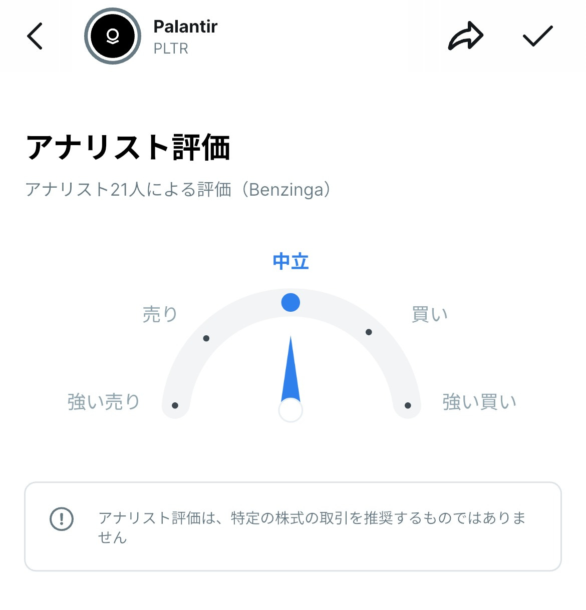 パランティア株のアナリスト評価。21人の評価でメーターは中立を指している