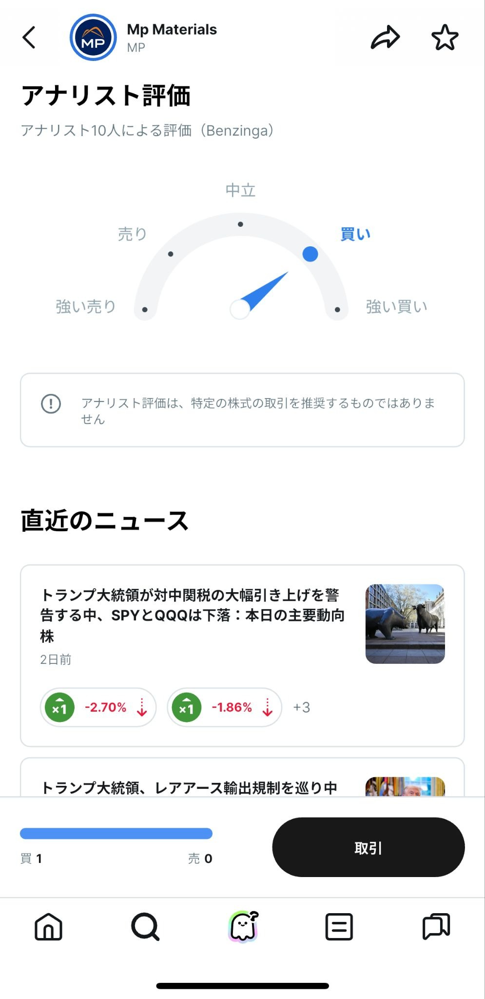 MP Materialsのアナリスト評価画面。10人のアナリストによる評価で「買い」に傾いているゲージ表示