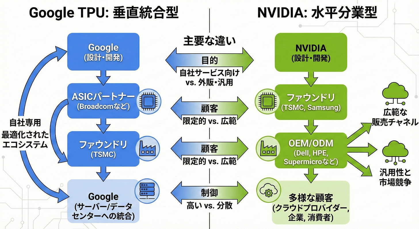 図解：Google TPUは垂直統合型（Googleが設計・開発→ASICパートナー→TSMC→Googleデータセンターへ統合）。NVIDIAは水平分業型（NVIDIA設計→ファウンドリ→OEM/ODM→広範な販売チャネル→多様な顧客）という違いを示す。