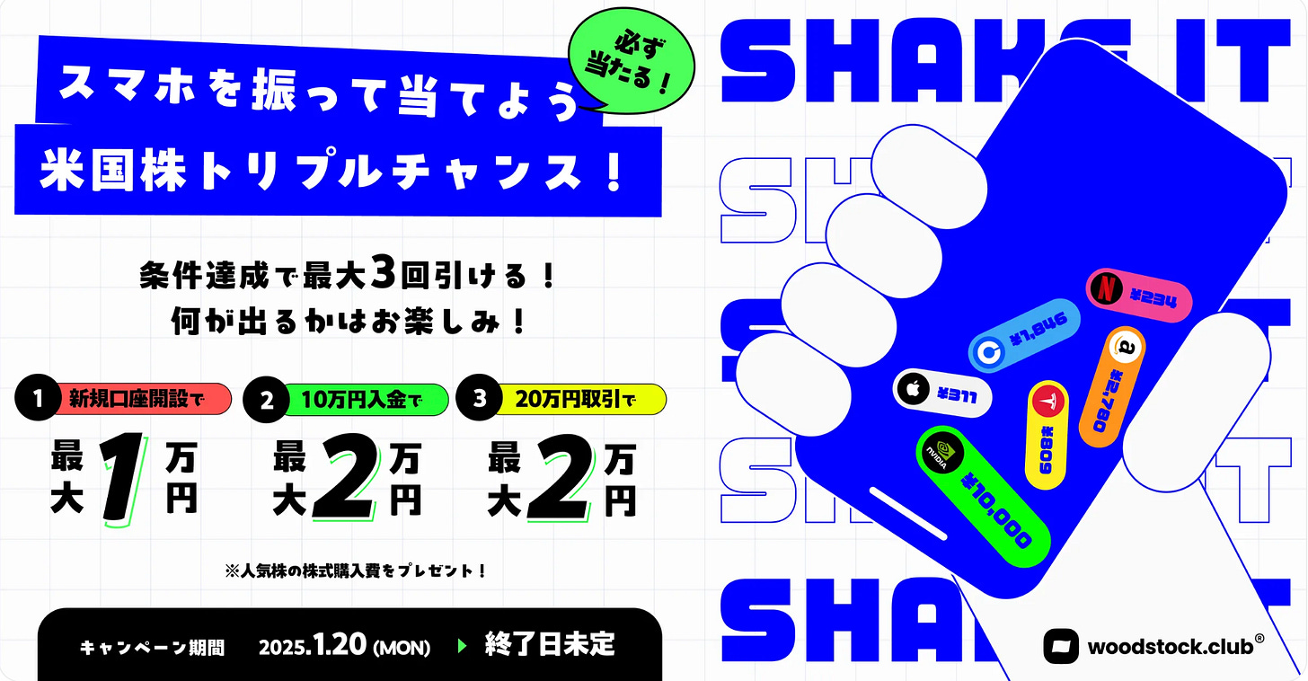 スマホを振って米国株が当たるキャンペーンの告知画像。条件達成で最大3回抽選可能。新規口座開設、10万円入金、20万円取引で、それぞれ最大1万円、2万円、2万円分の株式購入費が当たる。キャンペーン期間は2025年1月20日から終了日未定。woodstock.clubのロゴ付き。