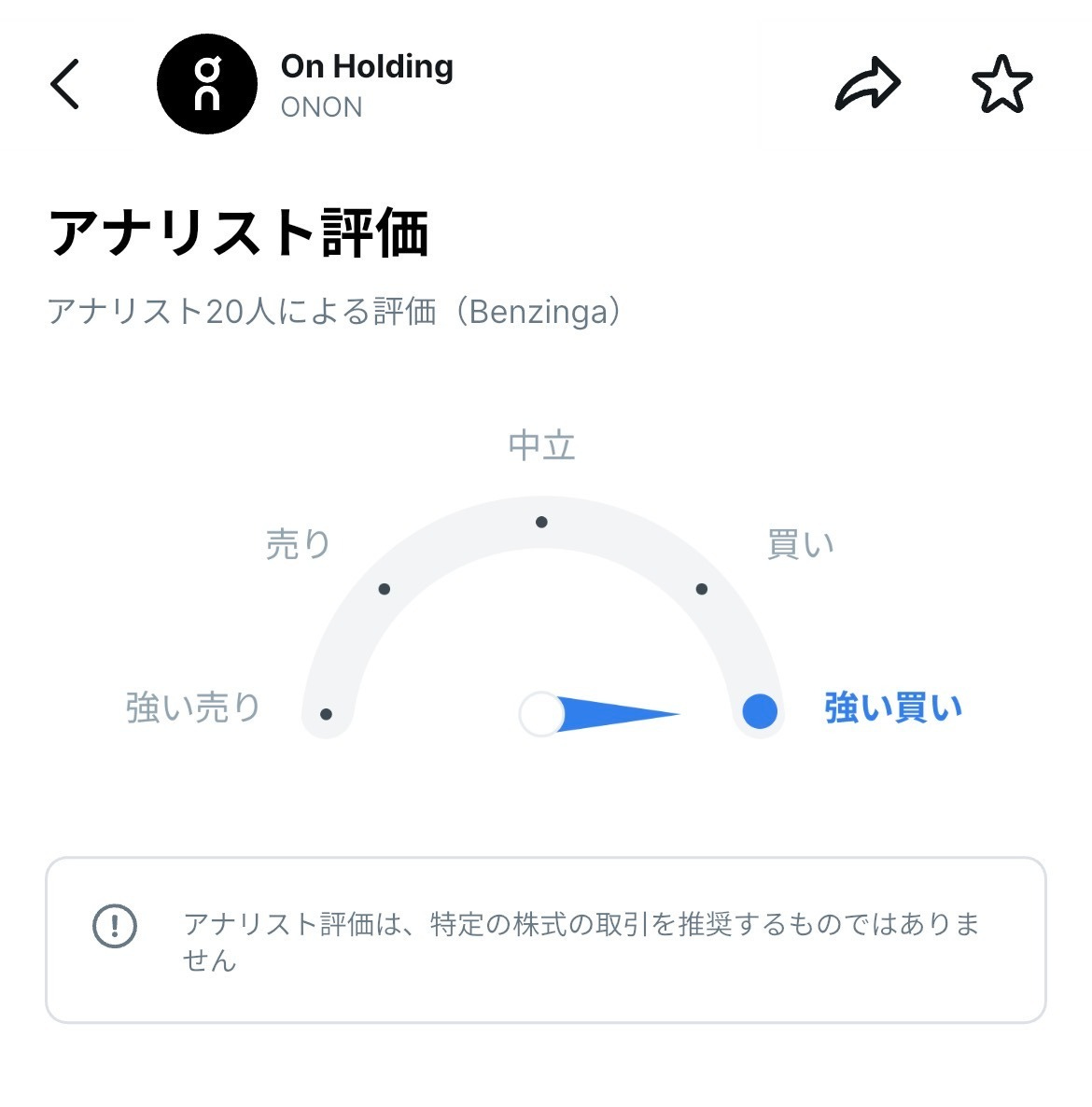On Holding（ONON）株のアナリスト評価画面。20人の評価が「強い買い」寄りを示すメーターと注意書きが表示されている。
