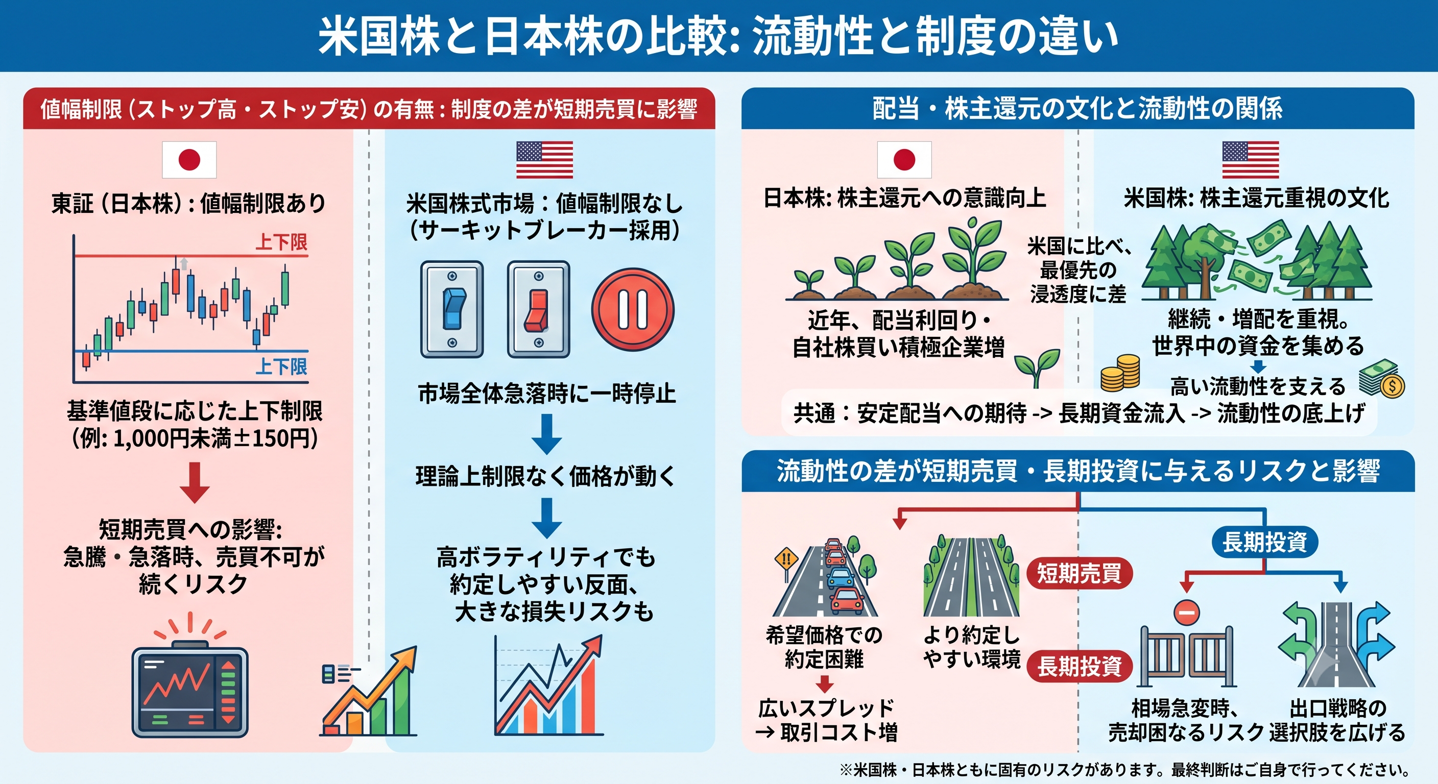 米国株と日本株の流動性と制度の違いを比較したインフォグラフィック。左側に「値幅制限（ストップ高・ストップ安）の有無が短期売買に与える影響（東証の制限あり vs 米国の制限なし・サーキットブレーカー）」、右上に「配当・株主還元の文化と流動性の関係（日本の意識向上 vs 米国の還元重視）」、右下に「流動性の差が短期売買・長期投資に与えるリスクと影響（約定のしやすさ、コスト、出口戦略）」が論理的に図解されています。