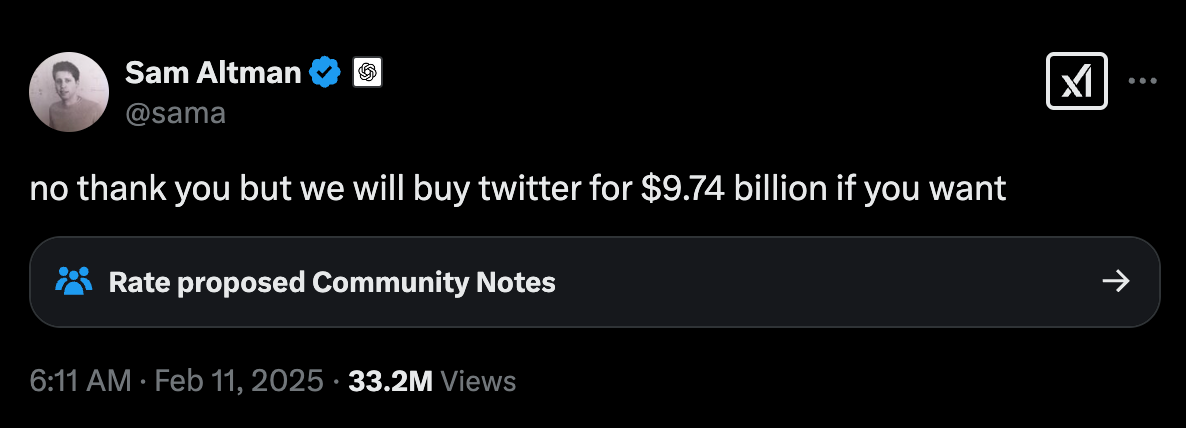 Sam AltmanのX（旧Twitter）投稿: 『no thank you but we will buy twitter for $9.74 billion if you want』。33.2Mビュー、2025年2月11日。