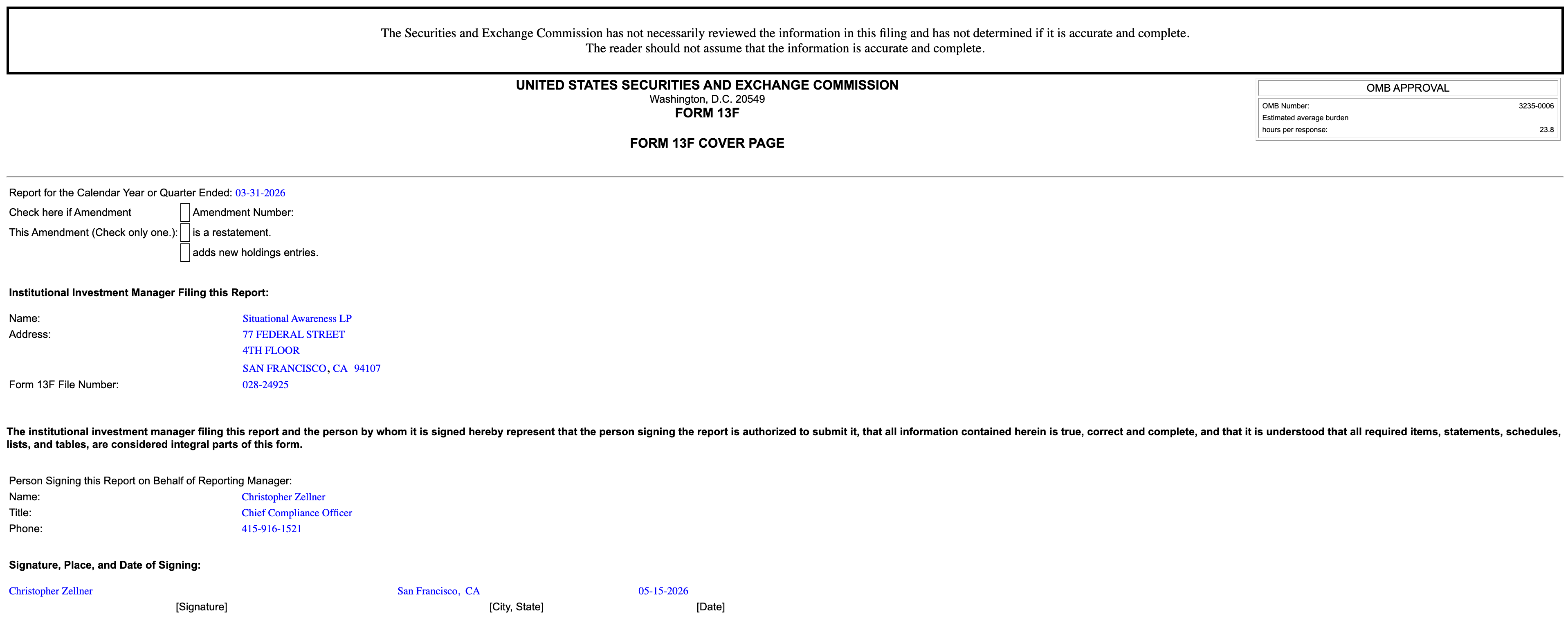 Situational Awareness LPがSECに提出した2026年3月31日時点のForm 13Fの表紙