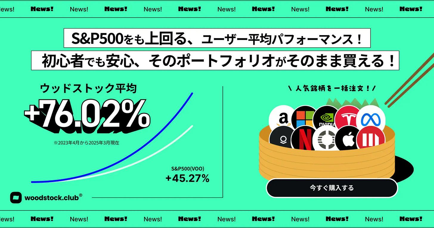 ウッドストックのユーザー平均リターンがS&P500を上回ることを示す広告