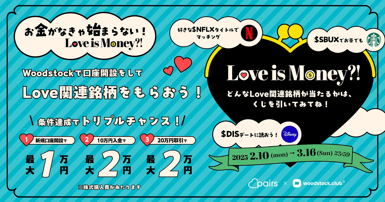 「Woodstockの『Love is Money?!』キャンペーン広告。Love関連銘柄がもらえる口座開設プロモーション。Netflix、スターバックス、ディズニーに関連する銘柄が当たるチャンス（2025年2月10日～3月16日）」