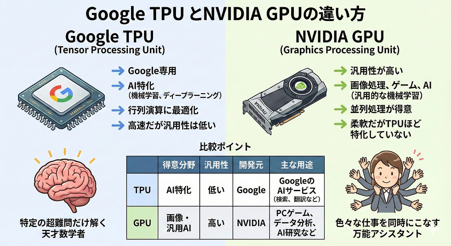比較図：Google TPUとNVIDIA GPUの違い。TPUはGoogle専用でAI特化・行列演算に最適化、汎用性は低い。GPUは汎用性が高く画像処理・ゲーム・AIに対応し、並列処理が得意。