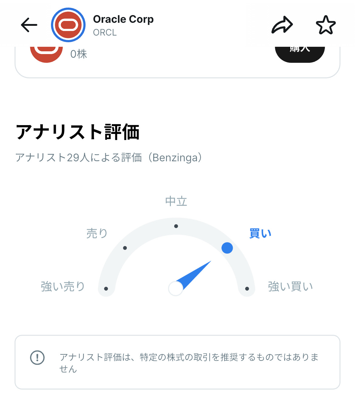 Oracle株に関するアナリスト評価。29人のアナリストによる見解で、中立から買い寄りの評価を示すメーターが表示されている。