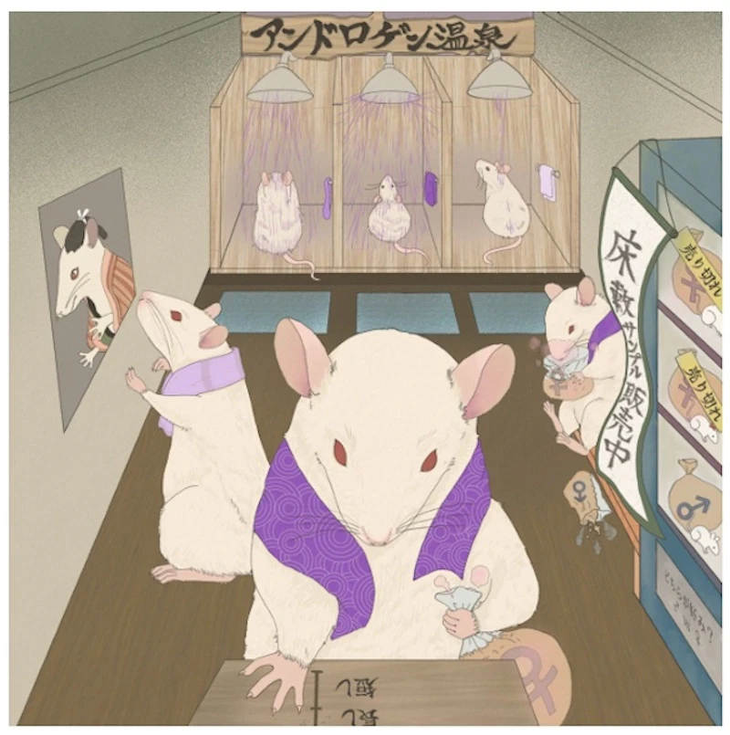 図3. 視覚的なストーリーテリング  　この図は、胎児期のアンドロゲン濃度が、指の長さの比率（2D:4D）や性行動傾向に与える影響を、ラットの生活空間を通して物語風に描いたものです。図奥のシャワーブースでは、アンドロゲン濃度の違いを表す手ぬぐいの色の濃淡でホルモン曝露の強さを示しています。中央では 2D:4D比の測定、左右では嗅覚選好性（匂いを含むメスの床敷きに対する興味）や行動の活発性が視覚的に表現されています。