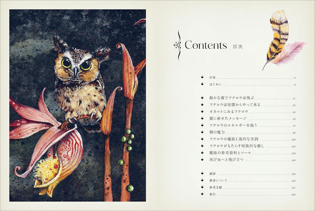 目次・序章／はじめに／静かな翼でフクロウは飛ぶ／フクロウは暗闇からやって来る／オカルトにみるフクロウ／翼に乗せたメッセージ／フクロウのエネルギーを扱う／種の魔力／フクロウの魔術と霊的な実践／フクロウがもたらす呪術的な癒し／魔術の参考資料とツール／再び夜へと飛び立つ／謝辞／著者について／参考文献／索引