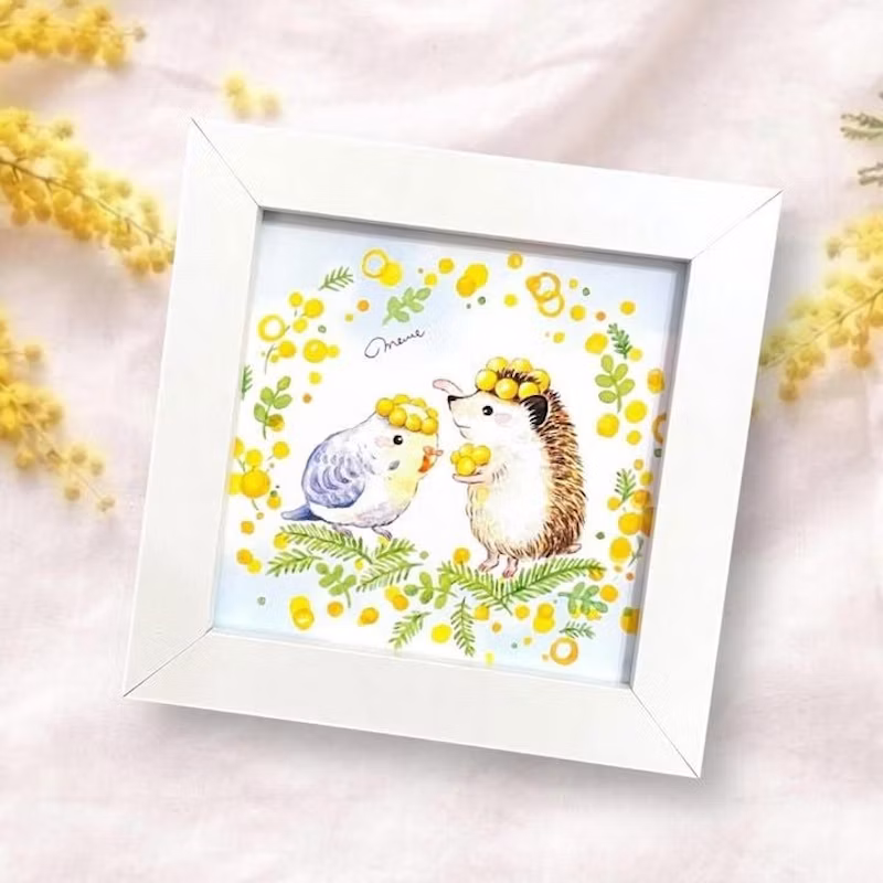 花と2匹のハリネズミを描いた、めめはりさんの水彩画