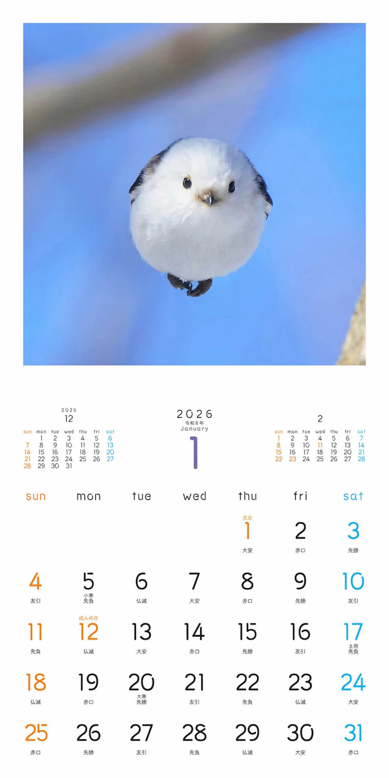 〈壁掛け版〉「もふっとシマエナガ カレンダー２０２６」