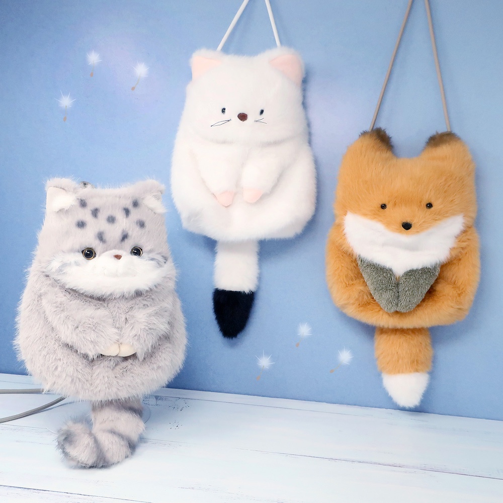 マヌルネコやシマエナガのふわふわショルダーバッグ&ミニ巾着、わたぽ