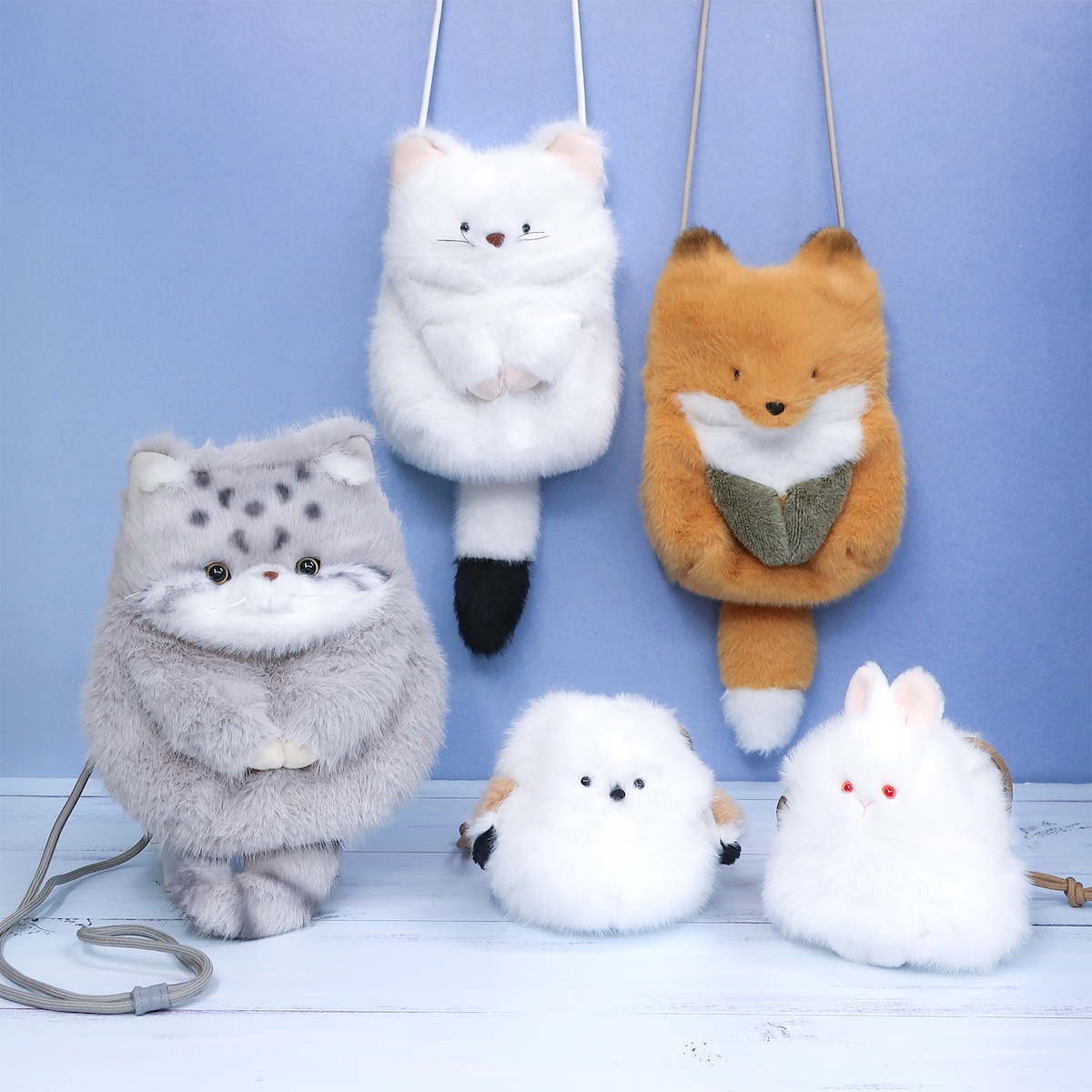 マヌルネコやシマエナガのふわふわショルダーバッグ&ミニ巾着、わたぽ