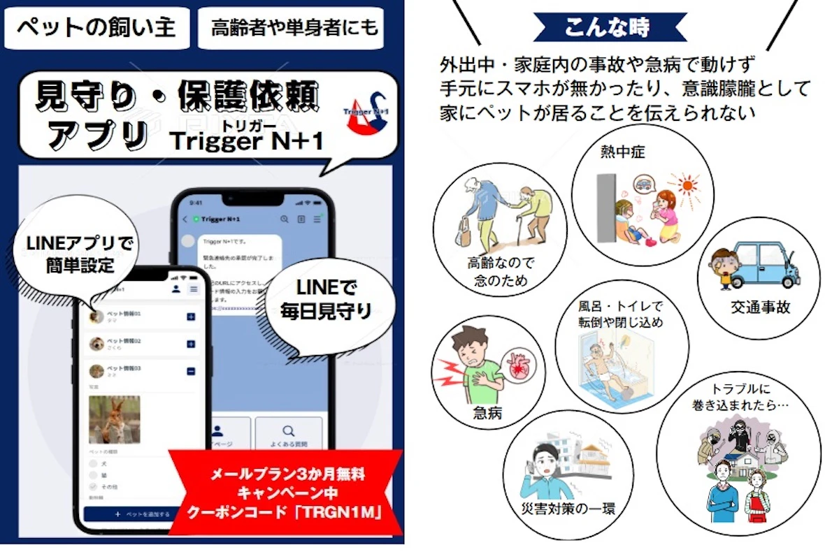 ペット飼い主の安否確認アプリ「Trigger N+1」がサービス開始　24時間無反応で緊急連絡先に自動通知