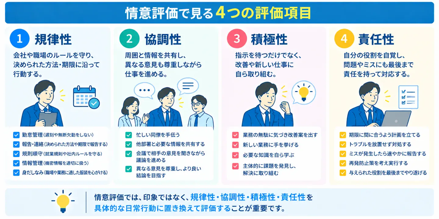 情意評価の主な項目として、規律性・協調性・積極性・責任性の4つを、具体的な日常行動の例とともに示した図。
