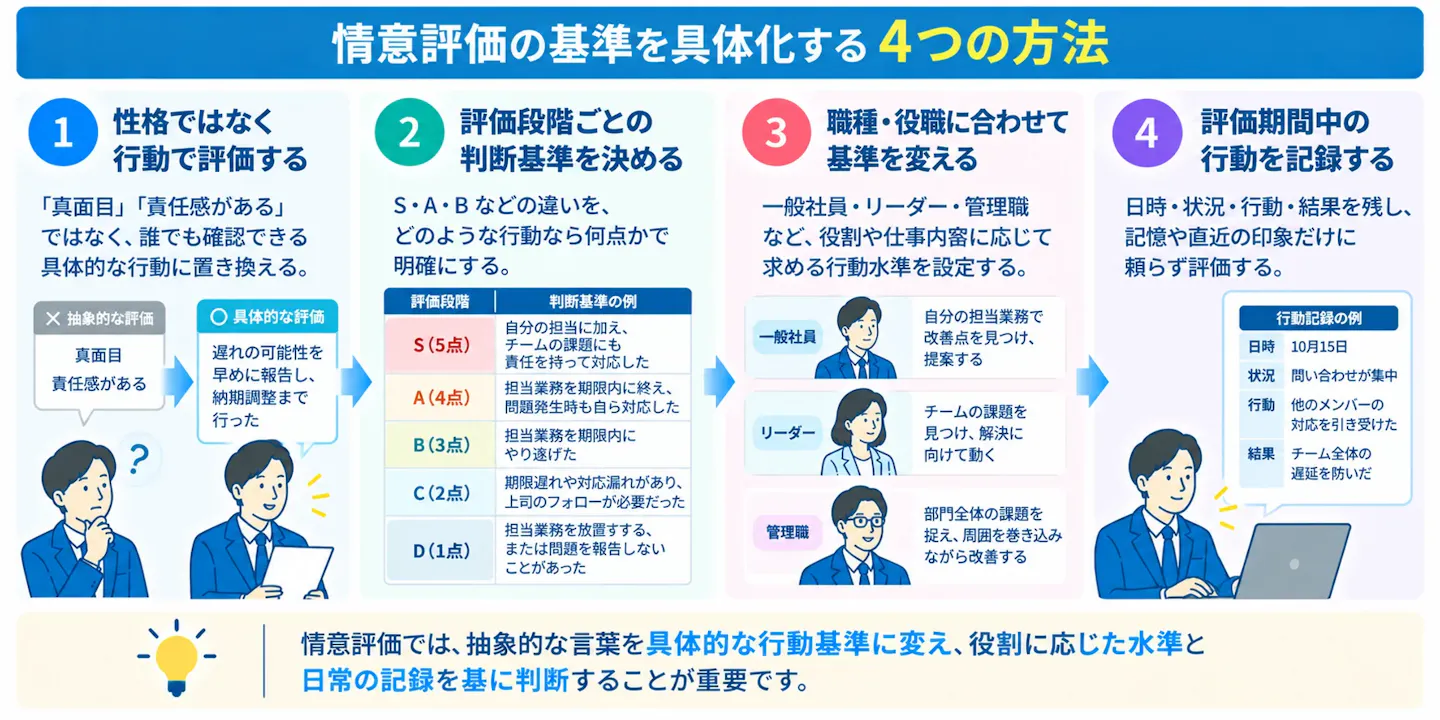 情意評価の基準を具体化する方法として、性格ではなく行動で評価すること、評価段階ごとの判断基準を決めること、職種・役職に応じて基準を変えること、評価期間中の行動を記録することの4点を示した図。