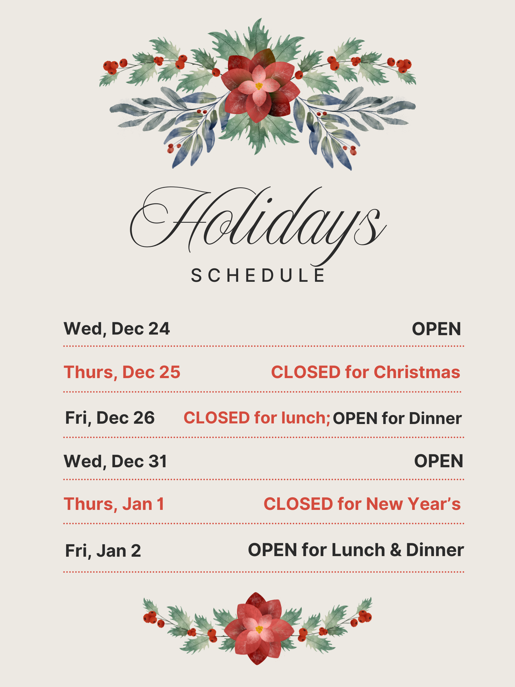 Holiday 2025 Schedule