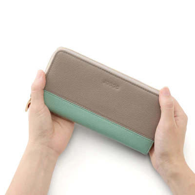 シンプルラウンドバイカラー長財布（エンボス）（グレージュ・セージグリーン・ナチュラルベージュ）