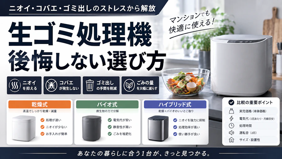 生ゴミ処理機で後悔しない選び方|乾燥式・バイオ式・ハイブリッド式の電気代とマンションでの騒音を比較