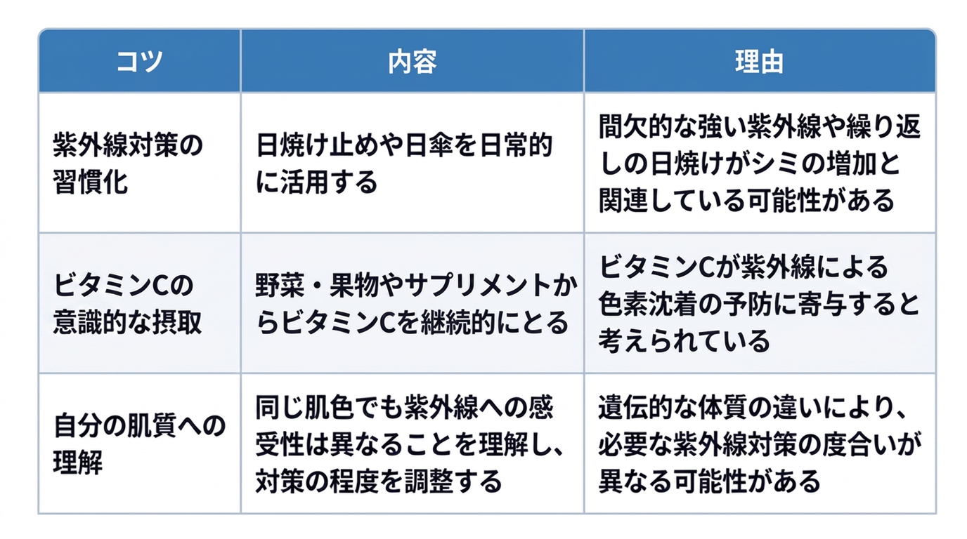 シミを防ぐうえで日常生活の工夫として検討が推奨される点について、3つのコツとその理由をまとめた表です。特に重要とされるのは、紫外線対策とビタミンCの摂取を日常に取り入れることと考えられています。1つ目は「紫外線対策の習慣化」で、日焼け止めや日傘を日常的に活用することです。理由は間欠的な強い紫外線や繰り返しの日焼けがシミの増加と関連している可能性があるためです。2つ目は「ビタミンCの意識的な摂取」で、野菜・果物やサプリメントからビタミンCを継続的にとることです。理由はビタミンCが紫外線による色素沈着の予防に寄与すると考えられているためです。3つ目は「自分の肌質への理解」で、同じ肌色でも紫外線への感受性は異なることを理解し、対策の程度を調整することです。理由は遺伝的な体質の違いにより、必要な紫外線対策の度合いが異なる可能性があるためです。