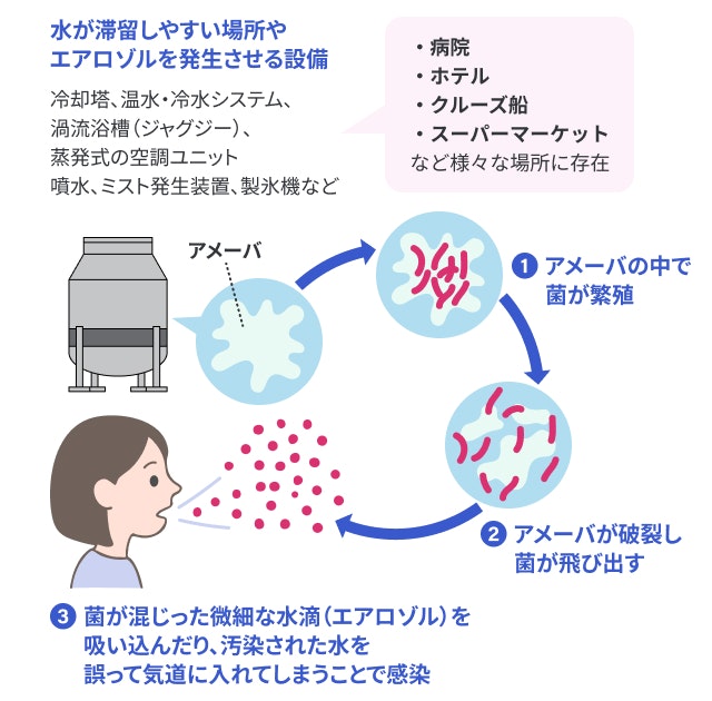 レジオネラ菌への感染経路を説明する図です
