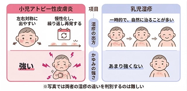 小児アトピー性皮膚炎と乳児湿疹の症状の違いを、湿疹の出方とかゆみの強さで比較したイラスト。慢性化し強いかゆみを伴うアトピーと、一時的でかゆみが弱い乳児湿疹の特徴を対比して分かりやすく描いています。
