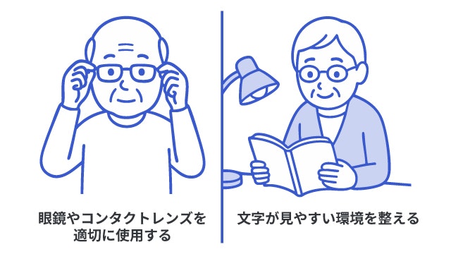 老眼の場合に日常生活で気を付けることについて説明する図です