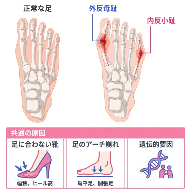 外反母趾と内反小趾の併発において、正常な足と比較して親指と小指の骨が内側に曲がる変形している状態と、合わない靴やアーチの崩れ、遺伝といった共通原因を解説したイラストです。