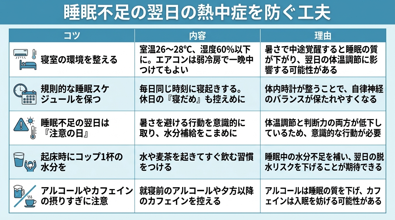 睡眠不足の翌日の熱中症を防ぐ工夫について、5つのコツと内容、理由をまとめた表です。1つ目は「寝室の環境を整える」で、内容は「室温26〜28℃、湿度60%以下に。エアコンは弱冷房で一晩中つけてもよい」ことです。理由は「暑さで中途覚醒すると睡眠の質が下がり、翌日の体温調節に影響する可能性がある」からです。2つ目は「規則的な睡眠スケジュールを保つ」で、内容は「毎日同じ時刻に寝起きする。休日の『寝だめ』も控えめに」することです。理由は「体内時計が整うことで、自律神経のバランスが保たれやすくなる」からです。3つ目は「睡眠不足の翌日は『注意の日』」で、内容は「暑さを避ける行動を意識的に取り、水分補給をこまめに」することです。理由は「体温調節と判断力の両方が低下しているため、意識的な行動が必要」だからです。4つ目は「起床時にコップ1杯の水分を」で、内容は「水や麦茶を起きてすぐ飲む習慣をつける」ことです。理由は「睡眠中の水分不足を補い、翌日の脱水リスクを下げることが期待できる」からです。5つ目は「アルコールやカフェインの摂りすぎに注意」で、内容は「就寝前のアルコールや夕方以降のカフェインを控える」ことです。理由は「アルコールは睡眠の質を下げ、カフェインは入眠を妨げる可能性がある」からです。