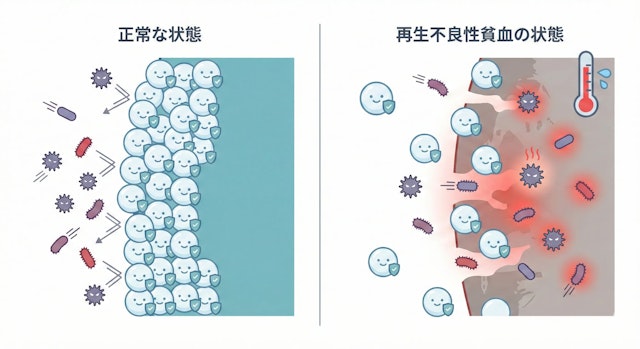 再生不良性貧血の発熱メカニズム比較図。左：正常な状態では白血球が細菌を防御。右：再生不良性貧血では白血球が減少し、細菌感染により発熱している。