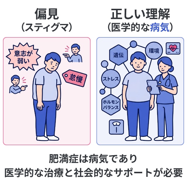 肥満症に対する「意志が弱い」といった偏見（スティグマ）と、遺伝的要因、社会経済的環境、ストレス、ホルモンバランスの乱れなどが複雑に絡み合う「医学的な病気」であるという正しい理解の違いを対比し、治療とサポートの必要性を訴えるイラストです。